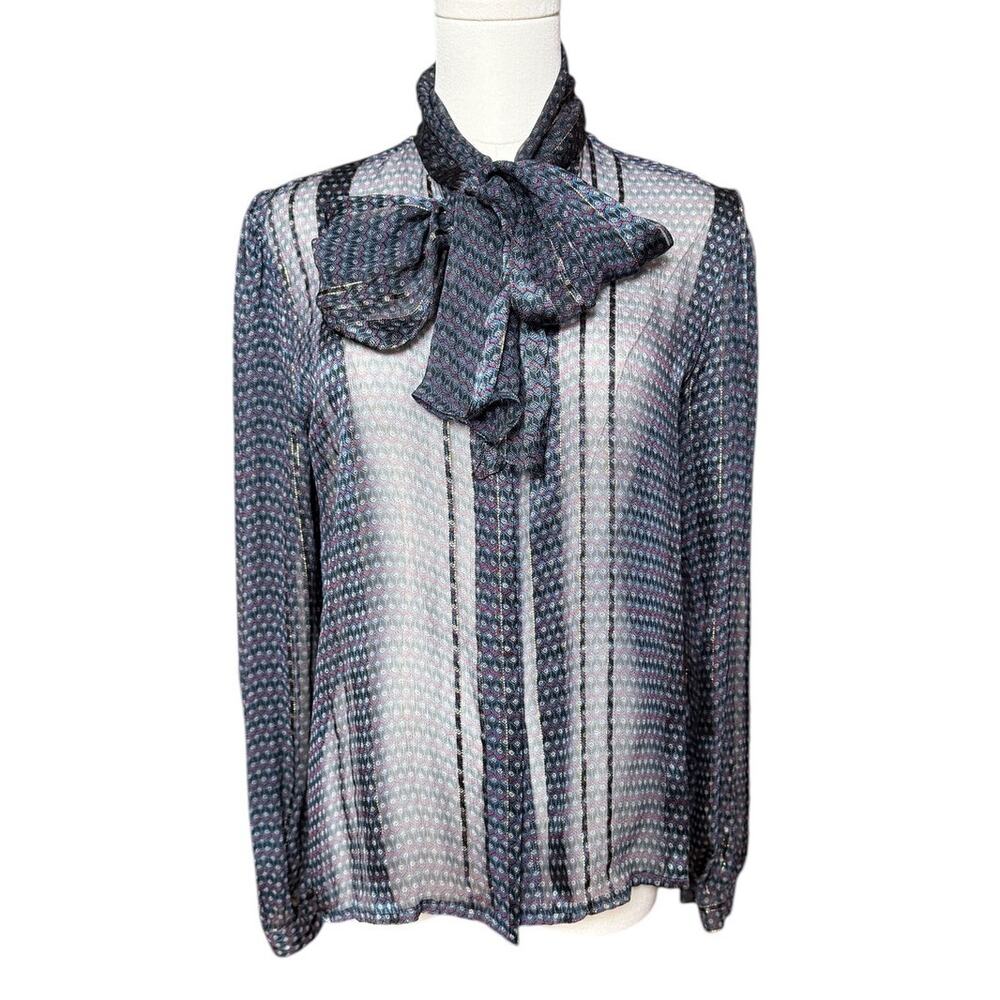 Vintage 70s The Silk Farm Paper Thin Sheer Metallic Silk Chiffon Blouse Size 10